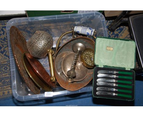 A quantity of metals including copper coal bucket, trays, helix twist candlestick, etc.