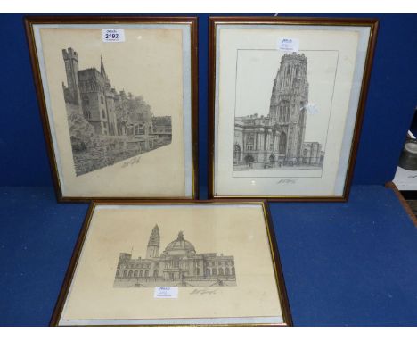 Three framed Prints to include;  Cardiff City Hall, The New University Tower Bristol, etc., signed by same artist, W.H. Gough