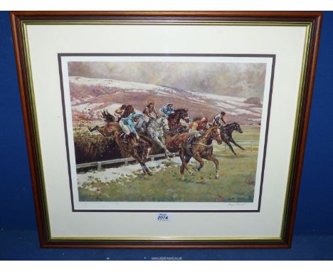 A framed and mounted Margaret Barrett limited edition no. 44/850 Racehorse print "Cheltenham in the Snow", 22 1/2" x 20 1/4".