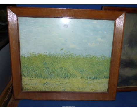 A wooden framed Print titled "Cornfields" by Vincent Van Gough, along with a framed print titled "Snow Storm:  Steam Boat off
