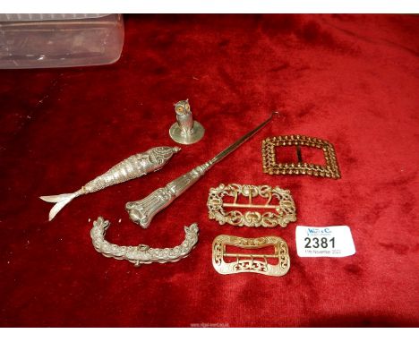 A small quantity of jewellery including buckles, articulated fish, Chester silver owl card holder by S. Mordan & Co., silver 