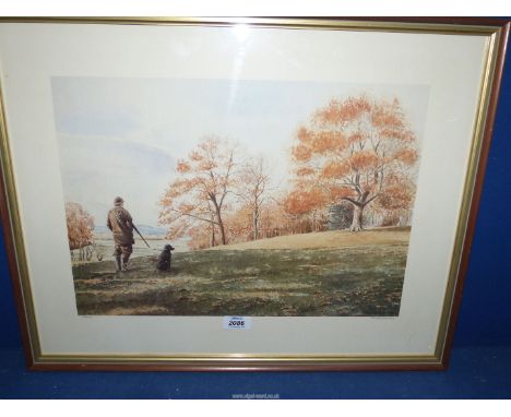 A framed and mounted Ros Goody limited edition Print of a shooting scene including a man with a labrador, no. 265/850, signed