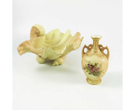 ROYAL WORCESTER BLUSH IVORY WITH FLORAL DECORATION 2 HANDLED VASE, DESIGN NUMBER 1200, APPROX. 15 cm AND A LARGE SHELL DISH, 