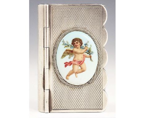 SILVER BOOK FORM SNUFF BOX OR VINAIGRETTE, HINGED COVER WITH OVAL PORCELAIN PANEL DEPICTING A CHERUB, BIRMINGHAM 1937