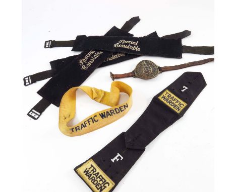 3 SPECIAL CONSTABLE ARMBANDS, TRAFFIC WARDEN ARMBAND AND EPAULETTE AND A COUNTY BOROUGH OF MERTHYR TYDFIL STREET TRADING BADG