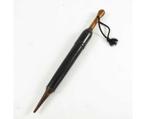 AN UNUSUAL TREEN NOVELTY SCROLL OR FLASK HOLDER IN THE FORM OF A PARASOL, WELL MADE WITH A TURNED WOODEN HANDLE