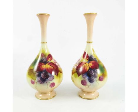 ROYAL WORCESTER PORCELAIN, PAIR OF VASES SHAPE H 307 PUCE MARK, DECORATED FRUIT SIG K BLAKE