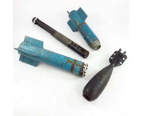 MILITARIA, INERT ORDNANCE,3 PRACTICE/ DEMONSTRATION ARTILLERY SHELLS AND A MORTAR BOMB