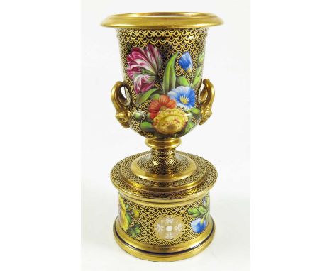 WONDERFUL QUALITY SPODE URN ON PEDESTAL VASE, COBALT BLUE, GILT FISH SCALE AND FLORAL DECORATION, APPROX. 18 cm