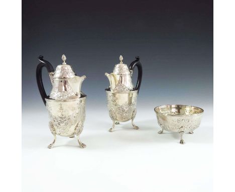 SILVER CHOCOLATE SET COMPRISING 2 CHOCOLATE POTS WITH REPOUSSE SWAG AND BOW DECORATION RAISED ON 3 LEGS WITH PAW FEET AND A M