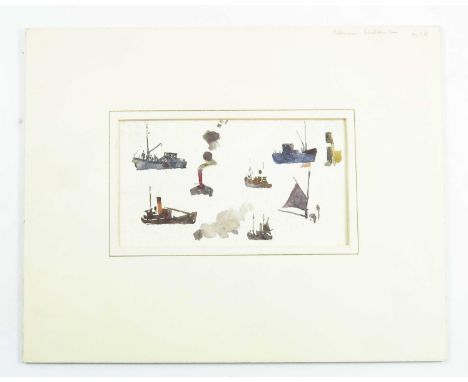 WATERCOLOUR SKETCH DEPICTING VARIOUS BOAT STUDIES, APPROX. 18 X 10 cm, MARKED, NORMAN WILKINSON IN PENCIL TO MOUNT