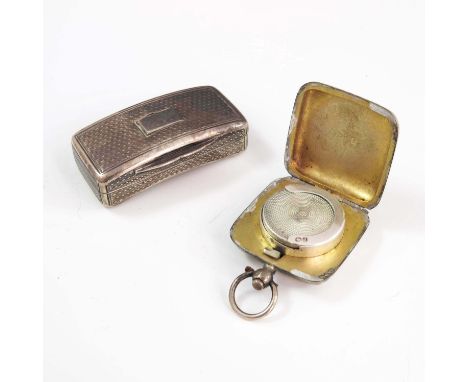 GEORGIAN SILVER GILT LINED SNUFF BOX/ VINAIGRETTE WITH ENGINE TURNED DECORATION AND BLANK CARTOUCHE AND SILVER SOVEREIGN CASE