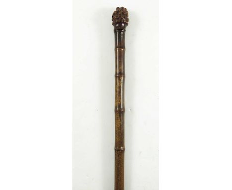 JAPANESE BAMBOO GENTLEMAN'S HORSE MEASURING WALKING STICK, BURR WOOD POMMEL, CONCEALED BOXWOOD MEASURING SCALE, MEIJI PERIOD