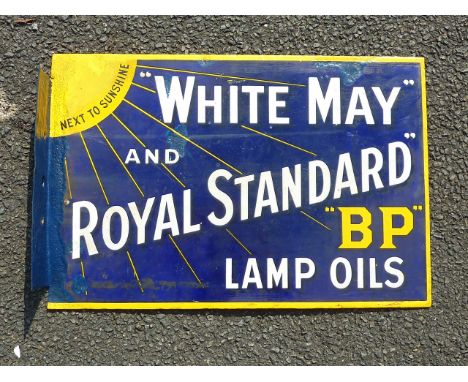 ENAMEL DOUBLE SIDED ADVERTISING SIGN  WHITE MAY AND ROYAL STANDARD BP LAMP OILS NEXT TO SUNSHINE APPROX. 12INS X 18 INS
