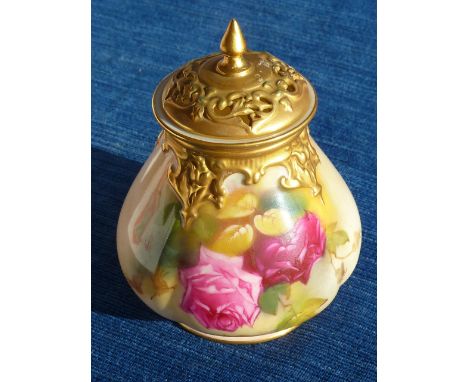 ROYAL WORCESTER PORCELAIN SHAPE H221 POURRI BOWL WITH TOP LID , NO INNER, DEC FLOWERS
