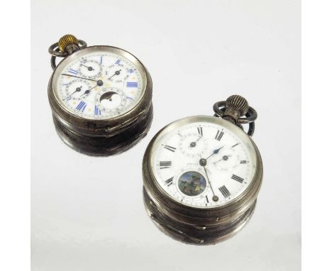 2 SWISS SILVER CASED CALENDAR OPEN FACE POCKET WATCHES AF