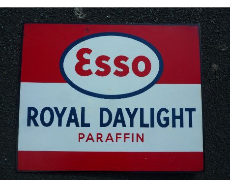 A DOUBLE SIDED ADVERTISING SIGN WITH HANGING FLANGE ESSO ROYAL DAYLIGHT PARAFFIN APPROX. 22INS. X 18 INS.