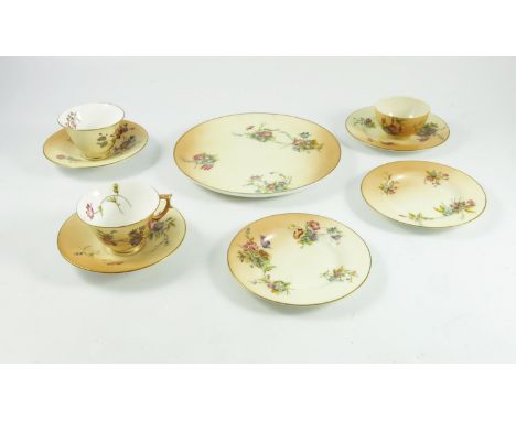 ROYAL WORCESTER BLUSH IVORY PART TEA SET WITH FLORAL DECORATION COMPRISING 2 CUPS AND SAUCERS, BOWL, 3 SIDE PLATES AND ONE LA