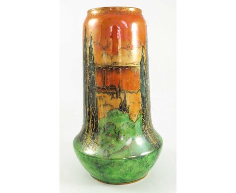 AN IMPRESSIVE ART DECO ROYAL WORCESTER CROWN WARE LUSTRE VASE, CIRCA 1925, OF CYLINDRICAL FORM WITH FLARED BASE AND RIM DECOR