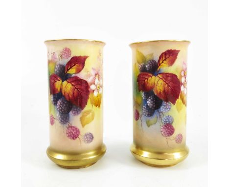ROYAL WORCESTER PAIR OF STRAIGHT SIDED CYLINDRICAL VASES DEC FRUIT SIG K BLAKE