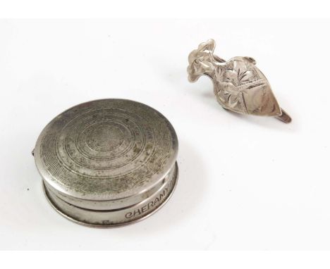 ROUND WHITE METAL PATCH POT WITH MIRROR TO HINGED LID ENGINE TURNED DECORATION MARK CHERAMY PARIS, SILVER MATCHBOX COVER AND 