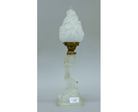 An Art Deco glass lamp formed as a female nude holding a torch, circa 1930's. 42 cm high.