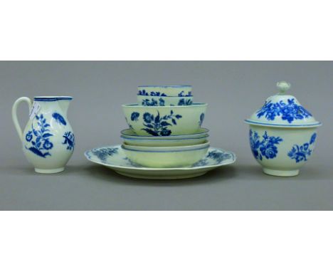 A collection of Worcester blue and white porcelain including a covered bowl, tea bowls and saucers, a jug etc. The jug 10 cm 