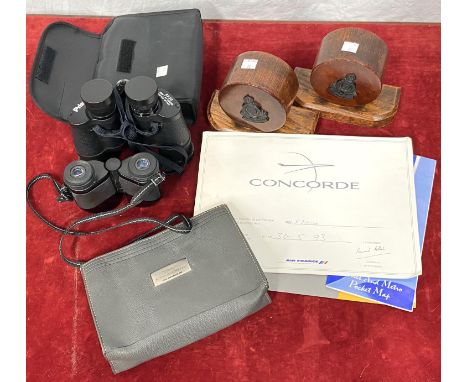 A selection of Concorde related items, small bag; etc.; 2 pairs of binoculars; an oak pair of bookends with Army Ordnance Cor