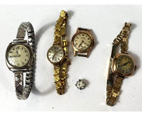 Three 9ct gold backed ladies vintage wristwatches and another silver 