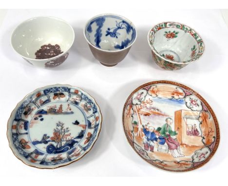 A selection of Chinese, 19th century and later, tea bowls and saucers, various styles and colours etc.All pieces have hairlin