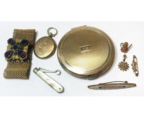 A 9 carat seed pearl star pendant, stamped '9ct'; a 9 carat hallmarked gold coffee pot charm, 2.4gm gross; a seed pearl bar b
