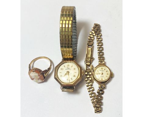 A 9 carat gold cameo ring, 2.73gm; a ladies watch with 9 carat gold back, 2.14gm weighable metal; a ladies Rotary wristwatch 
