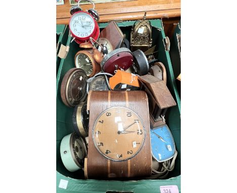 A 1950's 'Savings' clock in inlaid walnut case with coin slot; a selection of vintage mantel, alarm, and other clocks 