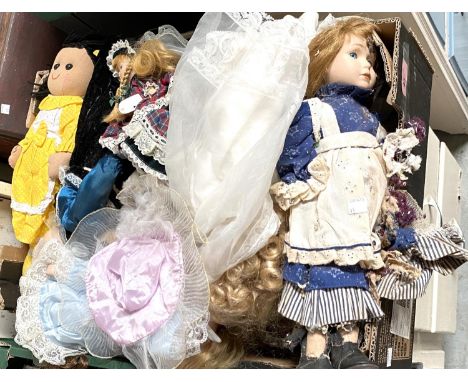 2 vintage ceramic half dolls (1 a.f); a collection of Victorian style dolls and others 