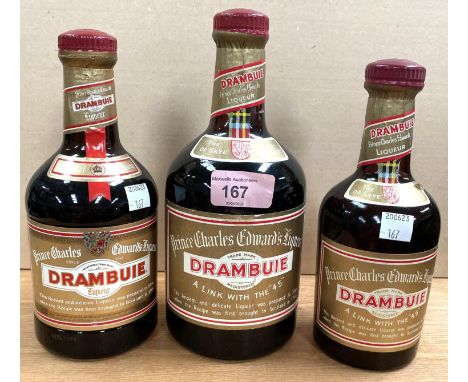 Three graduating bottles of vintage Drambuie 