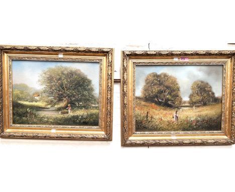 Ted Dyer born 1940:&nbsp;Children playing in flower fields, pair of oils on canvas, 29 x 39cm, framed