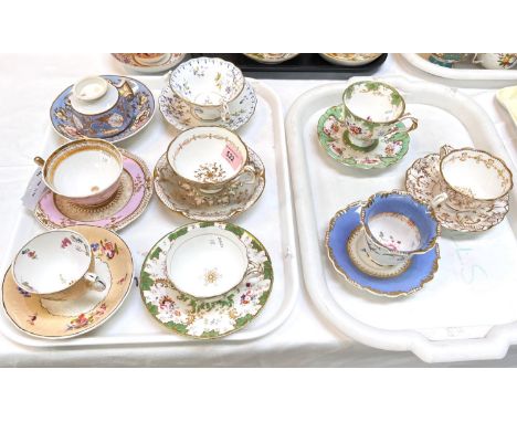 9 18th century cups and saucers by Yates, Daniel and Ridgeway and other factories (3 slight a/f). Blue saucer has hairlines, 