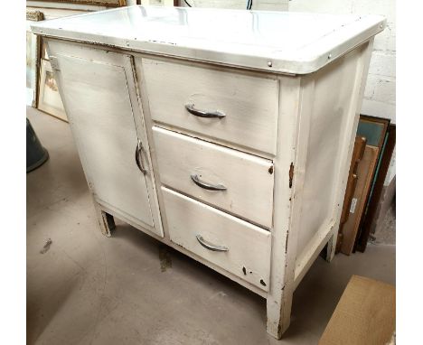 A vintage butchers/kitchen block with enamel top, 3 drawers and cupboard below, 84 x 92cm 