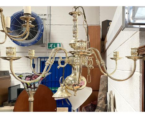 A period style brass 6 branch brass centre light;&nbsp;A period style brass 8 branch brass centre light;A Victorian 5 branch 