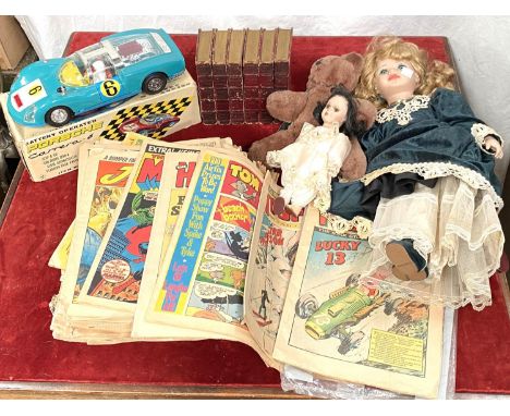 BYRONS WORKS, 4 V, 1829, 2 others, a battery operated Porsche Carrera - 6, 2 dolls, comics, stamp album etc 