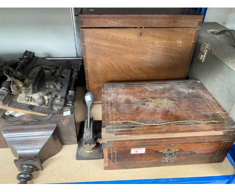 A rosewood lap desk with brass inlay (a.f.); another two boxes; a Vienna wall clock 