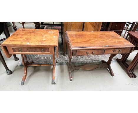 Two reproduction dwarf sofa/occasional tables, one mahogany and one yew wood 