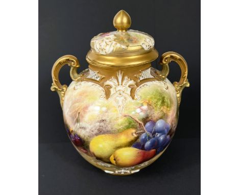 A Royal Worcester ovoid covered vase with 2 handles and reticulated rim, hand painted decoration of pears, cherries and grape