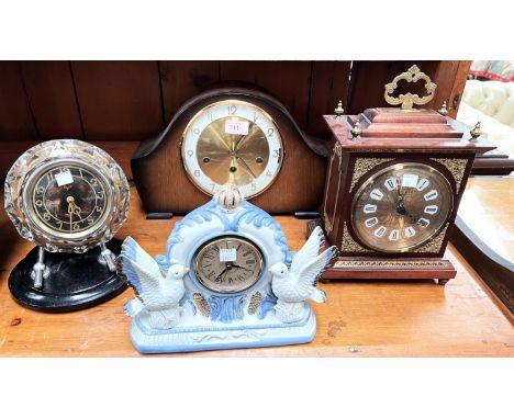 A USSR unusual Majak mantel clock with glass and chrome case; 3 other clocks 