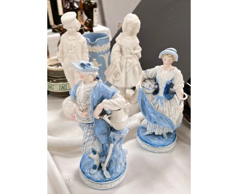 A pair of Parianware children in 19th dress, two Meissen style figures, etc 