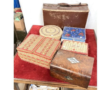 A 19th century walnut mother of pearl inlaid sewing box with contents and a selection of other sewing cases and contents 