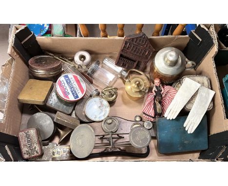 Two hallmarked silver lidded jars, miniature leather gloves, scales and other collectables 