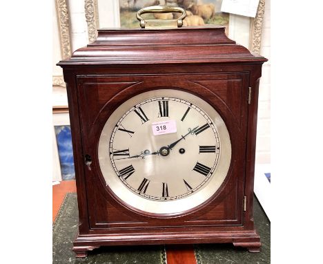 A Georgian style bracket clock in mahogany caddy top case, the associated plated movement with repeat chime on bells, back pl