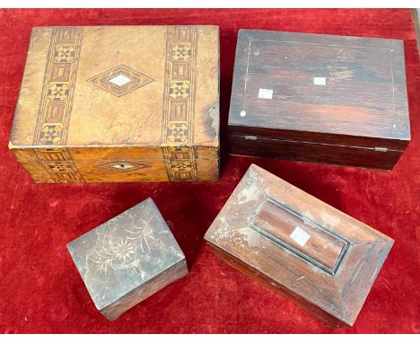 A 19th century rosewood tea caddy, two interior sections, other inlaid boxes etc (in need of some attention) 