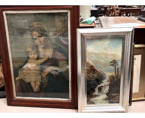 After Percy Ernst Renowitzky: Madonna and Child, oleograph framed and glazed; another oil painting of a river framed and glaz